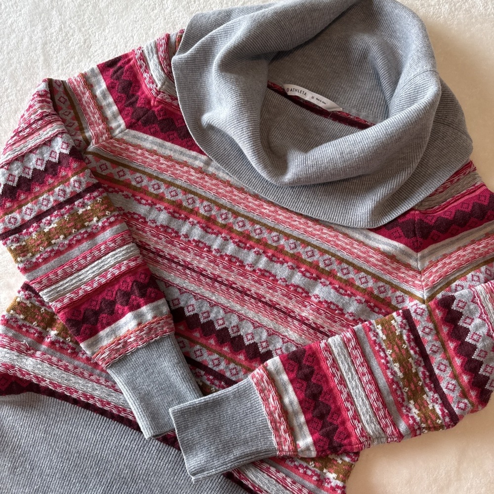 ATHLETA sz. M Shasta Fair Isle Cowl Neck Fold Over Wool Blend Sweater Knit Top